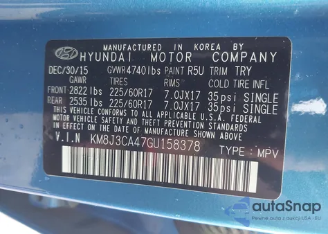 2016 Hyundai Tucson Se z USA, uszkodzony, nr VIN KM8J3CA47GU158378